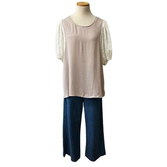 Anthropologie Dolan Embroidered Eyelet Puff Short Sleeve, Tan, size XL - Picture 6 of 13